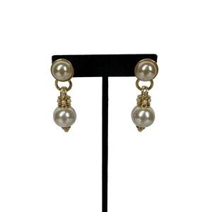 Womens Faux Double Pearl Drop Earrings Gold Tone Dangle Elegant Classic